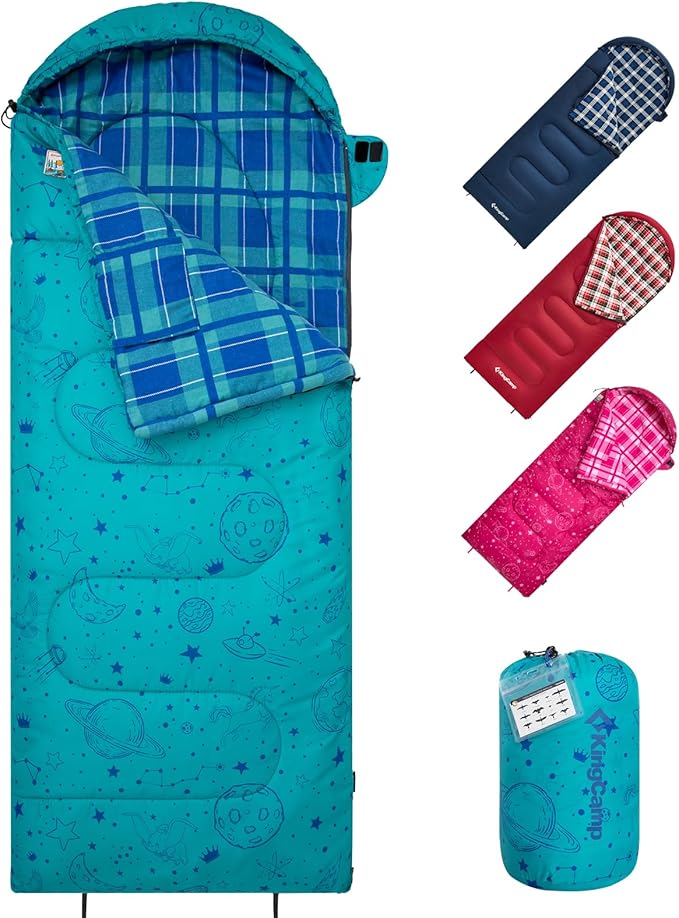 KingCamp 45°F Kids Sleeping Bag, Lightweight Waterproof & Compact Flannel Sleeping Bags Cold Weather & Warm Youth Essentials Gear Accessories for Camping, Fits 10-12 Children up to 5'5" Tall