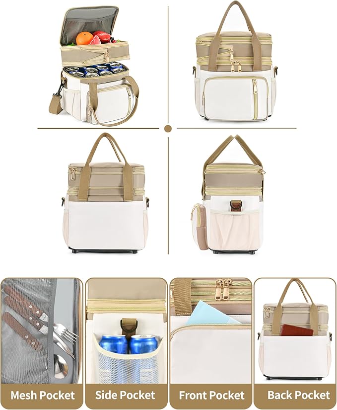 LOKASS Lunch Bag for Women/Men Work, 16L Expandable Double Deck Lunch box, Waterproof Leak-proof Cooler Bag, Portable Meal Prep Lunchbag with Adjustable Shoulder Strap - Brown