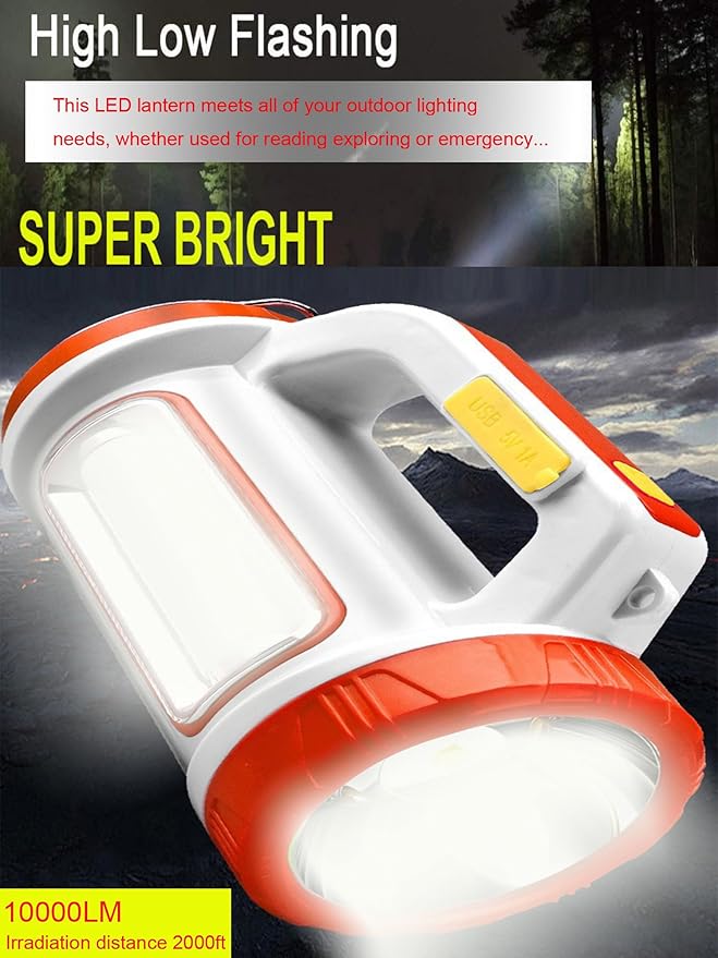 Solar LED Searchlight, Rechargeable Super Bright 10000LM Handheld LED Spotlight Lantern, Multifunctional LED Camping Lamp Flashlight, 5 Light Modes, Power Bank, IPX4 Waterproof, for Emergency