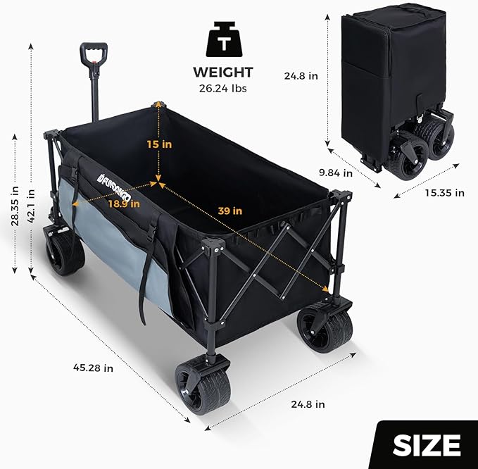 FUNDANGO 600lbs Collapsible Wagon, Foldable Beach Wagons Heavy Duty Garden Cart with Brakes, Side Pockets & All-Terrain Big Wheels for Sports Camping Shopping Groceries, Black