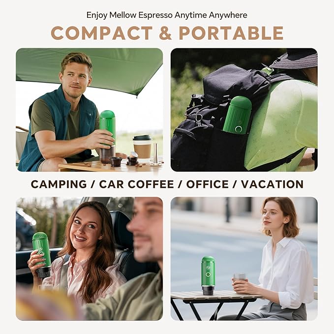 Fast self-heating Portable Electric Espresso Coffee Maker, 2 IN 1 Extraction Espresso Machine, Support Ground Coffee and NS capsule, for Travel,Car,Hiking,Climbing(Green) Rich Crema