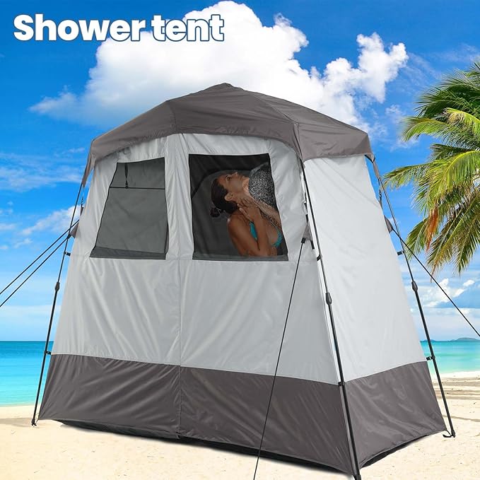Camping Shower Tent Deluxe Changing Room Easy Set Up Privacy Shelter,Large Toilet Tent 2 Rooms with Floor Drain Design for Beach, Camping,Hiking with Stakes and Ropes for Stability