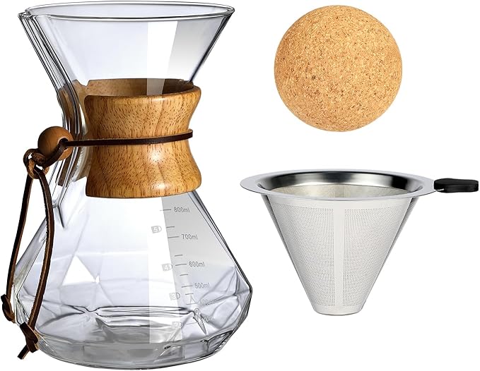 Pour Over Coffee Maker With Wood Sleeve,27oz/800mlPour Over Coffee Dripper,Pour Over Coffee Maker Set With Cork Stopper (27oz/800ml)