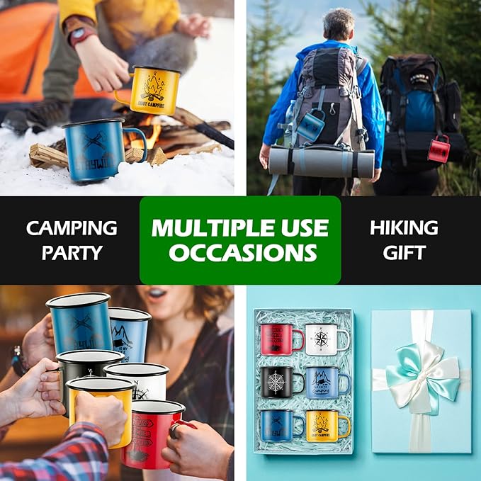 HaSteeL Camping Enamel Mug Set of 6, 16oz/455ml Coffee Cup with Pattern for Milk Tea Beer Drinking, Portable for Home Office Campfire Travel Hiking Backpack Indoor & Outdoor, Light-weight & Durable