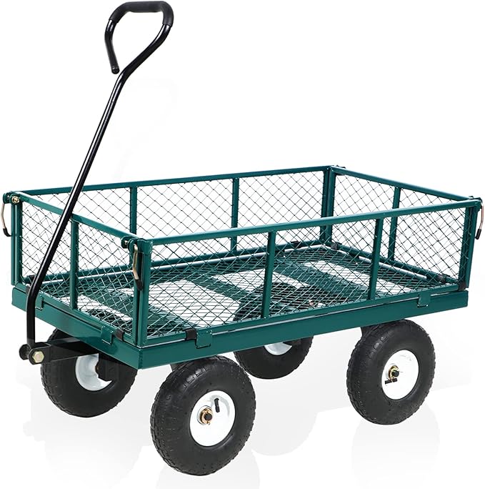 Heavy Duty Steel 900Lbs Wagon Garden Carts, Utility Pullable with Removable Folding Sides, All Terrain Wagons for Outdoor, Garden, Farm, Yard, Green-43" x 21"x 21" inch