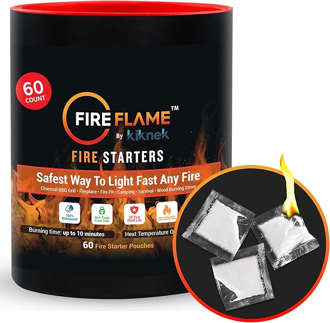 Fireflame Quick Instant Fire Starter - 100% Waterproof All-Purpose Indoor & Outdoor Firestarter, for Charcoal Starter, Campfire, Fireplace, BBQ - Odorless and Non-Toxic - 60 Pouches in Canister