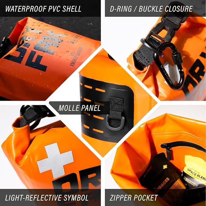 EVERLIT 290 Pc Waterproof First Aid Kit Dry FAK Medical Kit Emergency Survival Kit for Boat, Backpacking, Hiking, Fishing, Travel, Kayaking (Orange)