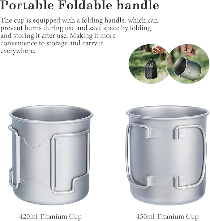 iBasingo 450ml Titanium Mug with Lid Tea Coffee Water Cup Outdoor Camping Pot Ultra-light Portable Hiking Backpacking Cooking Kit Picnic Tableware Drinkware with Foldable Handle Ti3026D