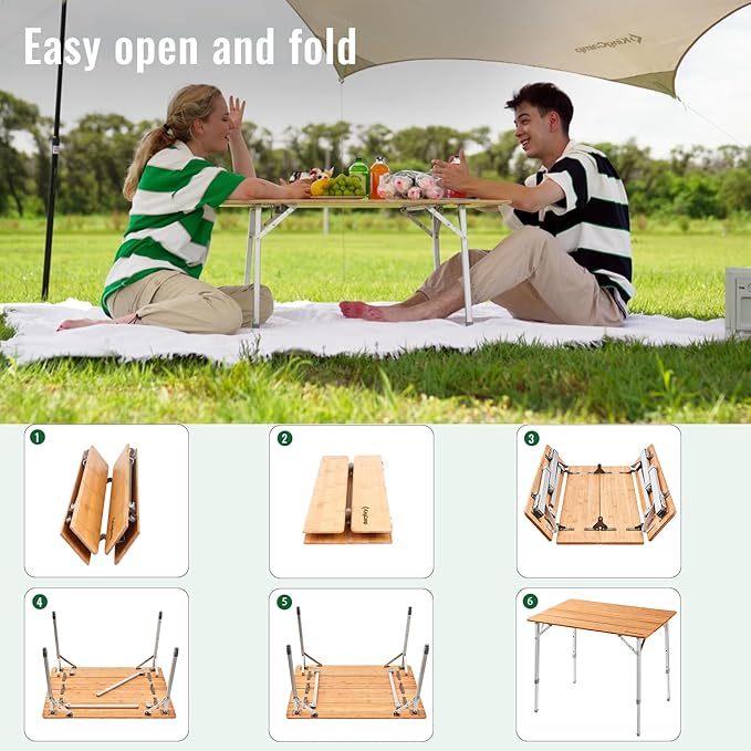 KingCamp Adjustable Height Folding Table, 4-Fold Bamboo Camping Outdoor Portable RV Camp Table with Carry Bag for Outdoor Car Backyard Picnic Tailgating Beach