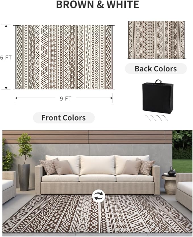MontVoo-Outdoor Rug Carpet Waterproof 6x9 ft Reversible Patio Rug RV Camping Rug-Plastic Straw Rug Outside Indoor Outdoor Area Rug for Patio Deck Balcony Picnic Beach Outdoor Decor Boho Beige Brown