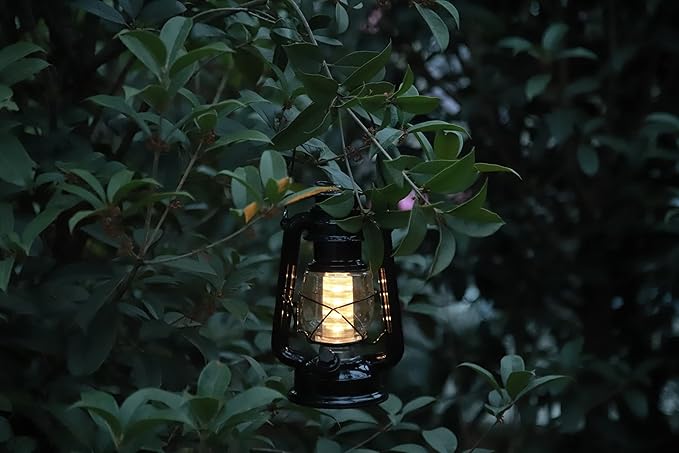 YAKii LED Vintage Metal Hanging Hurricane Lantern - 12 LED Dimmer Switch, Warm White Battery Operated Lantern for Power Outage, Indoor Camping, Outdoor Decoration (Black)