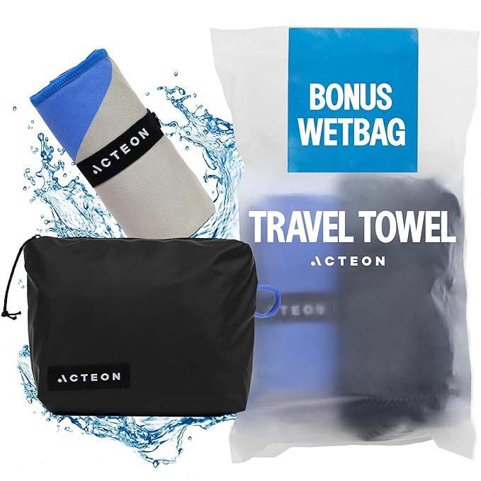 Acteon Microfiber Gym Towel & Wet Bag Travel Set, Large Quick Dry Silver ION Odor-Free Mega Absorbent Fiber, Fast Drying Men & Women Workout Gear for Body Sweat, Beach, Pool, Camping
