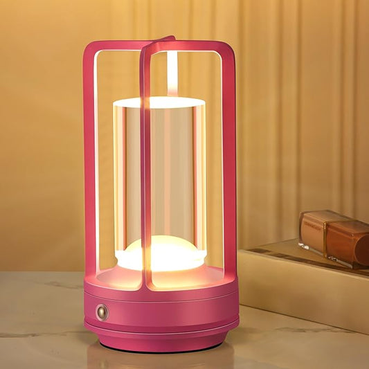 Portable Metal Table Lamp, Cordless Table Lamp, Rechargeable Battery Powered Portable LED Desk Lamp, 3 Color Stepless Dimming Touch, for Bedroom Restaurant Home Outdoor (Pink)
