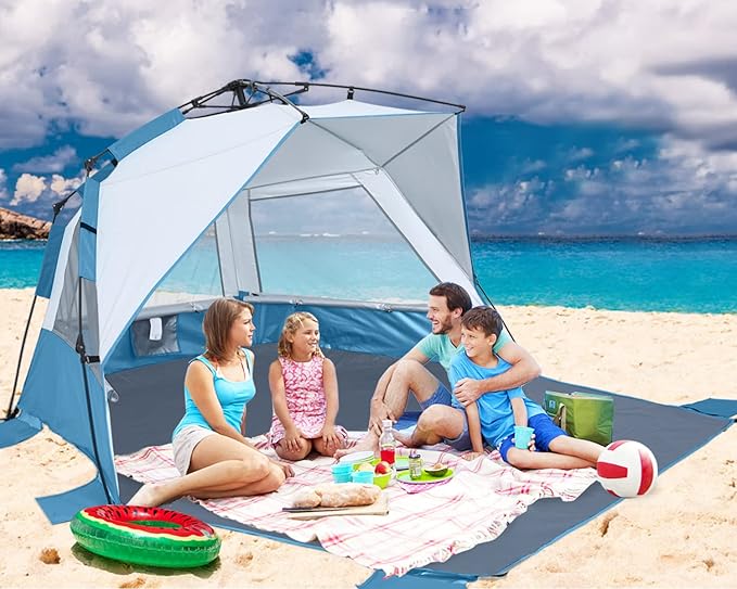 Beach Tent Instant Pop up Sun Shade Shelter for 4-6 Person with UV Protection,Extended Floor,3 Mesh Roll Up Windows with Carry Bag, Sandbags, Stakes(Turquoise)