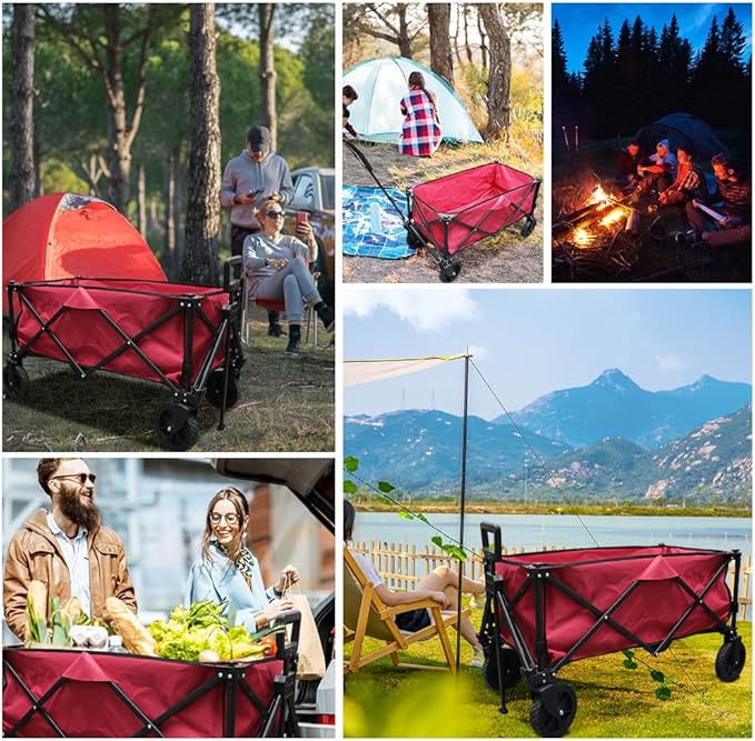Folding Portable Large Sturdy Picnic Wagon Carts, Utility Grocery Shopping Cart, Garden FarmTransport Cart, 360° Swivel Wheels & Brakers, Red