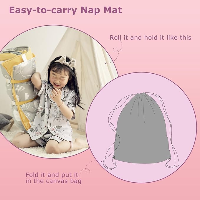 Toddlers Nap Mat with Removable Pillow and Soft Blanket, Lightweight Daycare Preschool Kindergarten Sleeping Bag, Travel Slumber for Kids Girls Boys