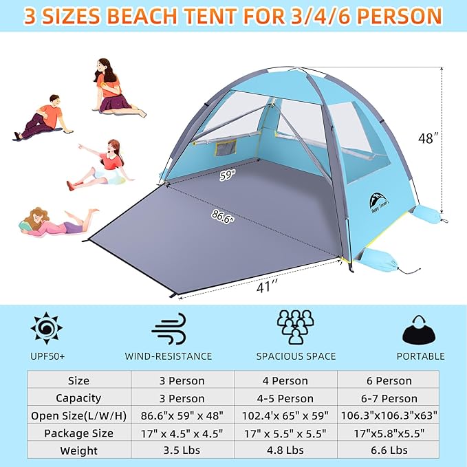 Happy Travel Beach Tent, UPF 50+ UV Protection Sun Shade Shelter for 3/4/5/6/7/8 Person, Portable Beach Canopy for Family & Baby, Lightweight & Easy Setup Beach Cabana with 3 Ventilation Mesh Windows