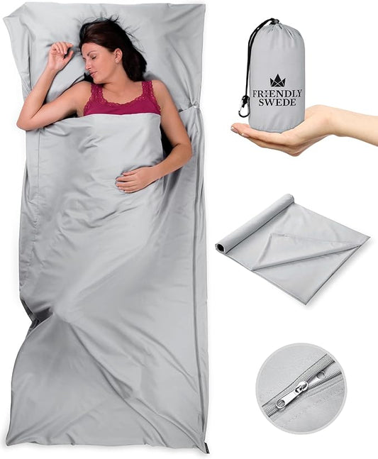 The Friendly Swede Sleeping Bag Liner — Ultralight Polyester or Cold Weather Microfiber Adult Sleep Sack; Thin Travel Sheets for Hotel; Camping Sheets; Travel Sleeping Bag with Pocket-Size Stuff Sack