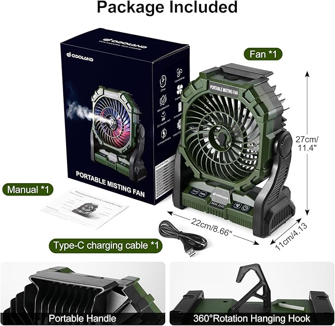 Odoland Portable Misting Fan with LED Light, 20000mAh Battery Operated Rechargeable Camping Mister Fan with 250mL Water Tank and Hook, Outdoor Tent Cooling Mist Fans for Patios Beach, Green