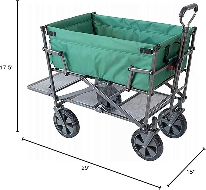 MacSports Double Decker Heavy Duty Steel Frame Collapsible Outdoor 150 Pound Capacity Yard Cart Utility Garden Wagon with Lower Storage Shelf, Green