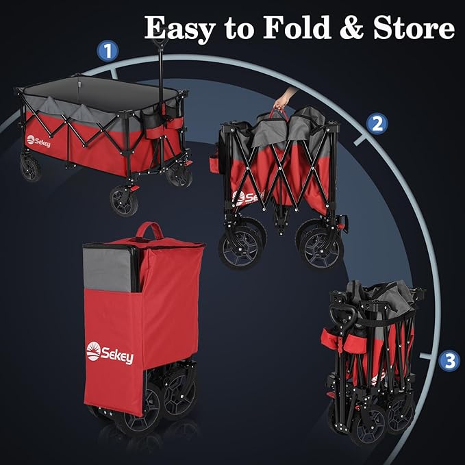 Sekey 220L Collapsible Foldable Wagon with 330lbs Weight Capacity, Heavy Duty Folding Wagon Cart with Big All-Terrain Wheels & Drink Holders (Red&Grey)