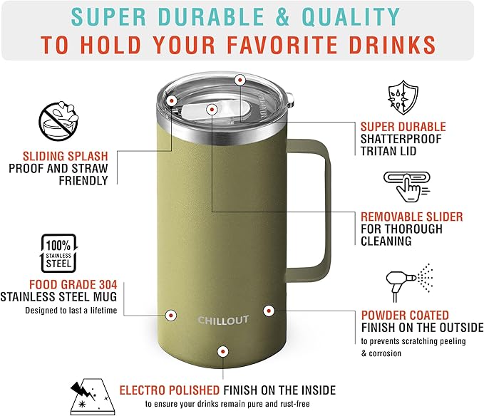 CHILLOUT LIFE Stainless Steel 20 oz Vacuum Insulated Coffee Mug with Handle and Lid, Large Thermal Camping Coffee Mug Cup with Durable Sliding Lid for Men & Women, Keeps your Beverages Hot/Cold