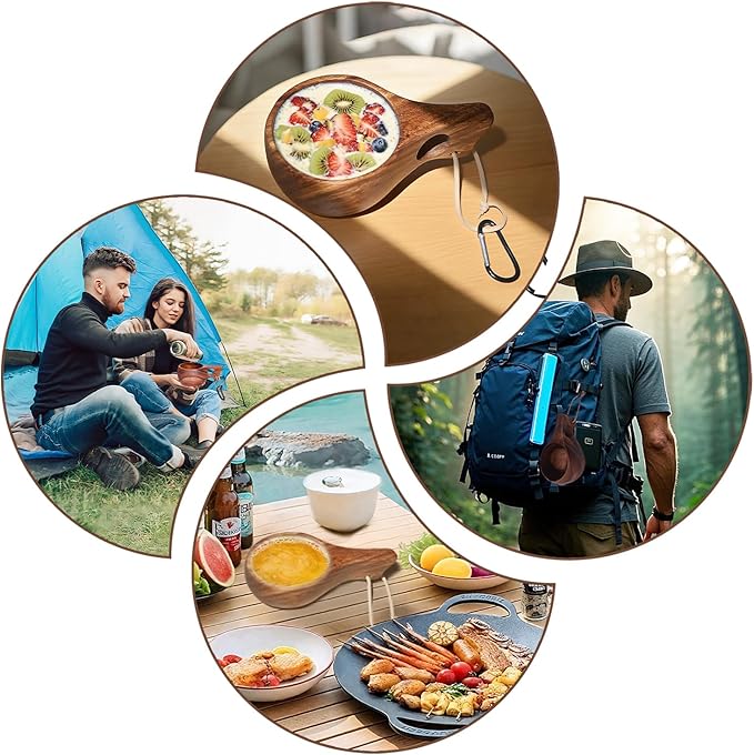 Coffe Mug Portable Wooden Camp Cup with Handle Kuksa Handmade Cool Hot Drinking Viking Mug Unique Natural Wood Grain for Outdoor Travel Hiking Men Women