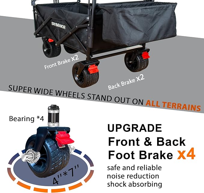 Collapsible Wagon Folding Garden Cart with Removable Canopy Utility Wagon Cart with All-Terrain Wheels Brake Beach Cart for Sand Heavy Duty Beach Wagon for Camping Shopping (Black)