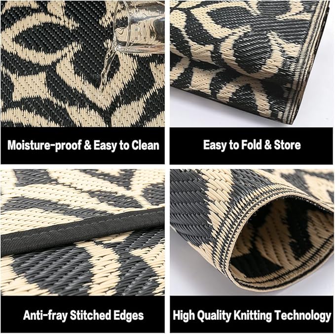 Outdoor Rug for Patios Clearance,Waterproof Mat,Large Outside Carpet,Reversible Plastic Straw Camping Rugs,Rv,Porch,Deck,Camper,Balcony,Backyard (5x8,Clover A/Black&Beige)