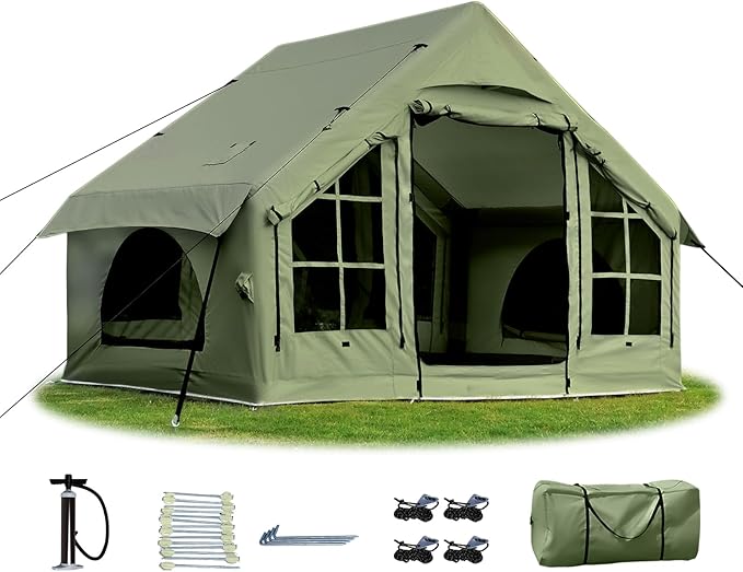 2025 Upgraded 100% Waterproof Inflatable Camping Tent, Large Blow-Up Air Tent, No Assembly Needed Luxury Glamping House, Oxford Fabric