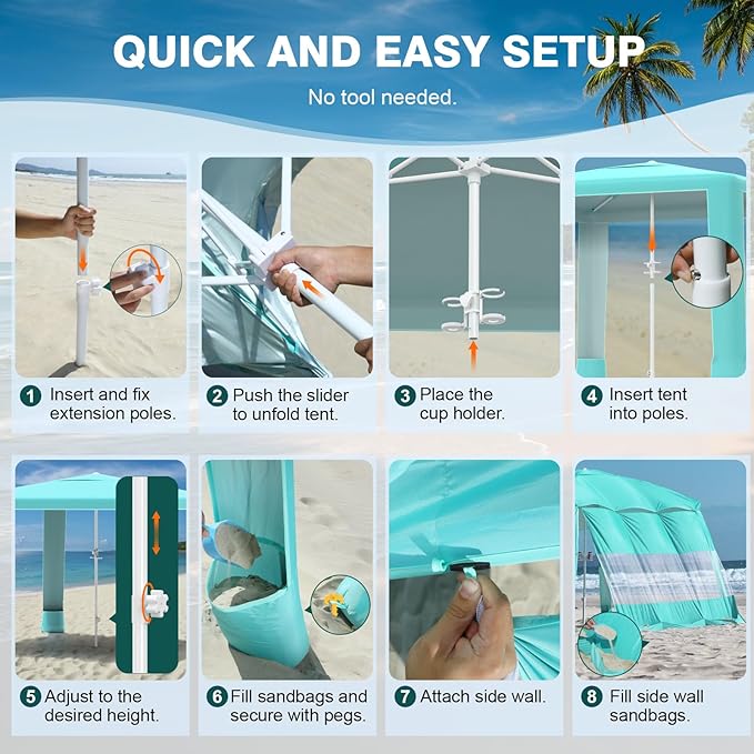 Rhino Valley Beach Cabana, 8 × 8FT Foldable Beach Tent with Cup Holder, Beach Canopy Easy Setup with UPF50+ Protection, Windproof Stable Beach Tent, Portable Beach Cabana Tent for Beach Camping
