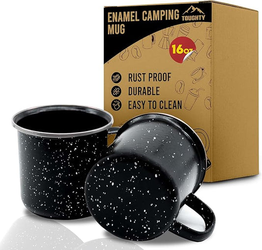 Toughty Enamel Camping Mug – Retro Vintage Campfire Tin Cup, Rustic Backpacking Mug for Hiking, Coffee, Farmhouse, Diner, Hot Drinks, Tinware, and Backpacking Gear – Set of 2 – Black – 16 Oz