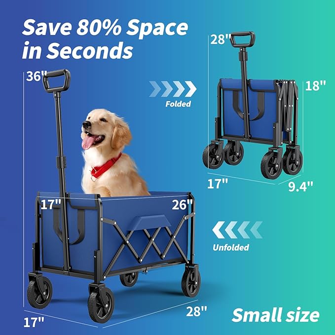 Small Collapsible Wagon with Wheels, Foldable Carts with 200lbs Load Capacity, Dog Wagon, Utility Shopping Cart for Groceries, Sports, Camping, Garden, Fishing, Blue