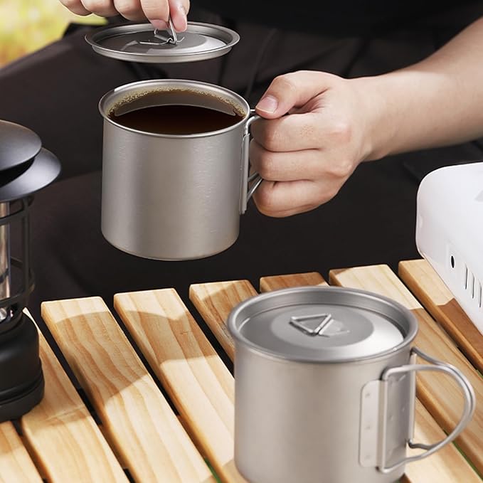 Titanium Camping Mug 400ml/13.5oz Lightweight Titanium Pot with Lid Foldable Handle Tea Cup Coffee for Outdoor Backpacking Hiking Traveling Picnic