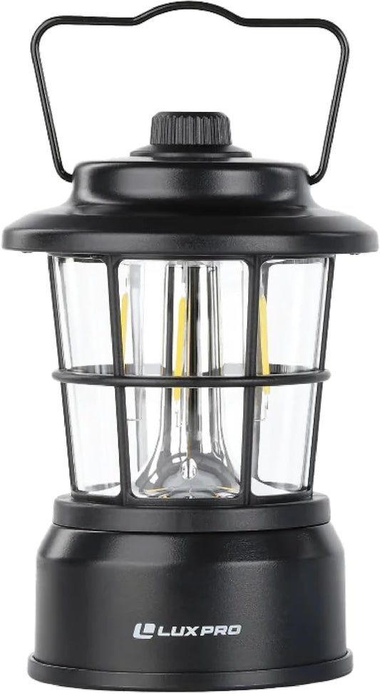 LUXPRO Retro LED Lantern - Battery-Powered Emergency Lantern - Water Resistant - Bright LED Lamp for Indoor & Outdoor Use - Use for Tents, Hiking or Hurricane Prep - Black