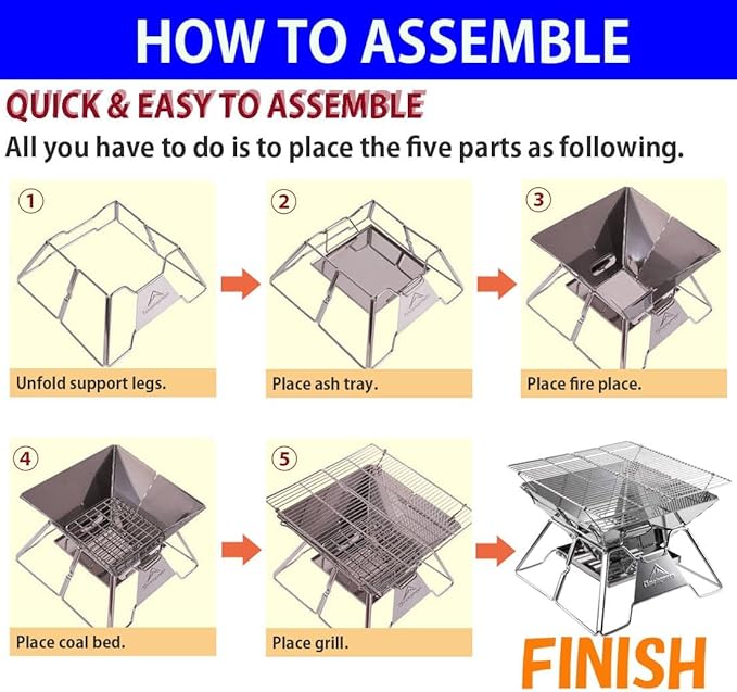 CAMPINGMOON Stainless Steel Foldable Camping Grills Portable Wood Burning Charcoal Grill 14-inch with Carrying Bag MT-2