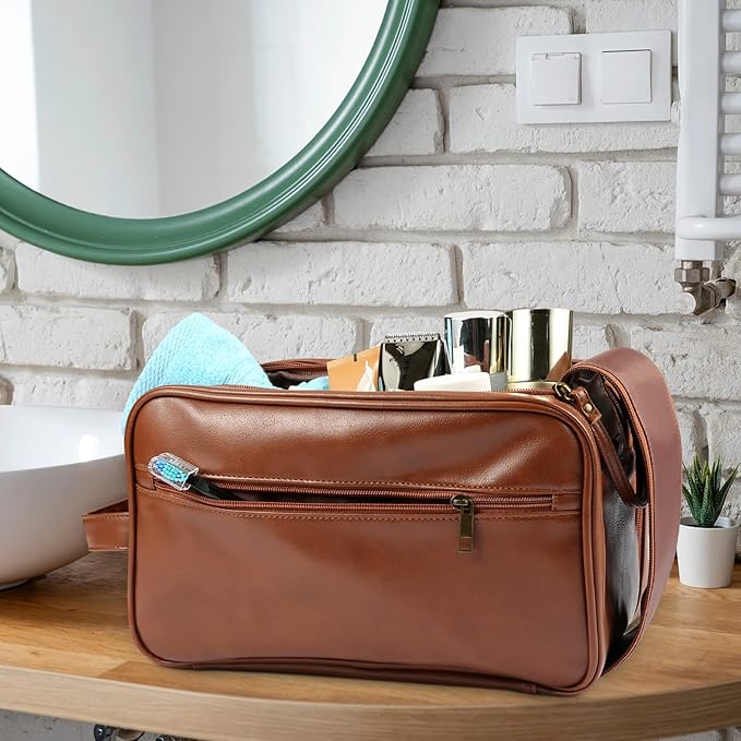 Personalized Leather Travel Toiletry Bag for Men, Large Travel Bathroom Shaving Dopp Kit, Large Cosmetic Bag Waterproof