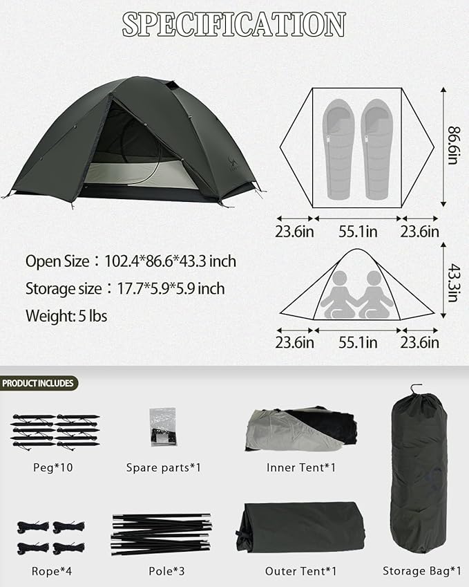 MC TOMOUNT Backpacking Tent 2 Person Tent Waterproof Lightweight Tent for Outdoor Camping Hiking