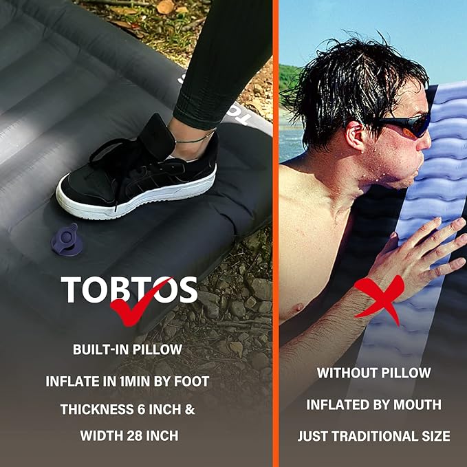 TOBTOS Inflatable Camping Sleeping Pad with Pillow, Thick 6 Inch Ultralight Sleeping Pad with Built-in Pump, Lightweight Sleeping Mat for Camping, Backpacking, Hiking, Tent (Grey)