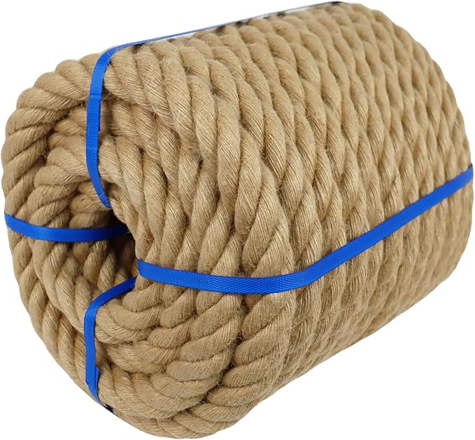 1-1/2 Inch Natural Jute Rope, 200 Feet Thick Hemp Rope, 4 Strands Twisted for Docks, Nautical, Raliings, Climbing, Decorating, Indoor/Outdoor Use