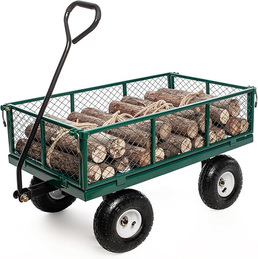 Heavy Duty Steel 900Lbs Wagon Garden Carts, Utility Pullable with Removable Folding Sides, All Terrain Wagons for Outdoor, Garden, Farm, Yard, Green-43" x 21"x 21" inch