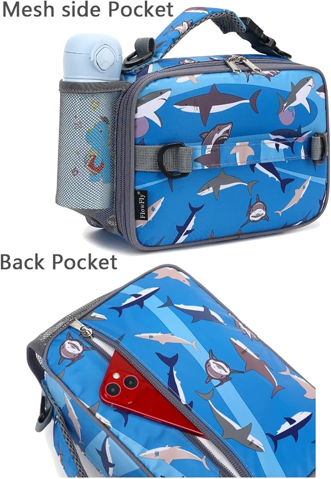 FlowFly Kids Lunch Bag, Durable Insulated School Lunch Box with Shoulder Strap and Bottle Holder, Water-resistant Thermal Small Lunch Cooler Tote for Teen Boys & Girls,Shark