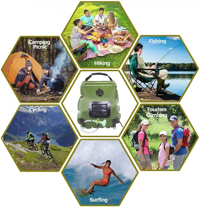 Solar Portable 5 Gal/20L Heating Removable Hose & On-Off Switchable Compact Shower Bag for Camping Hiking Traveling Beach Swimming