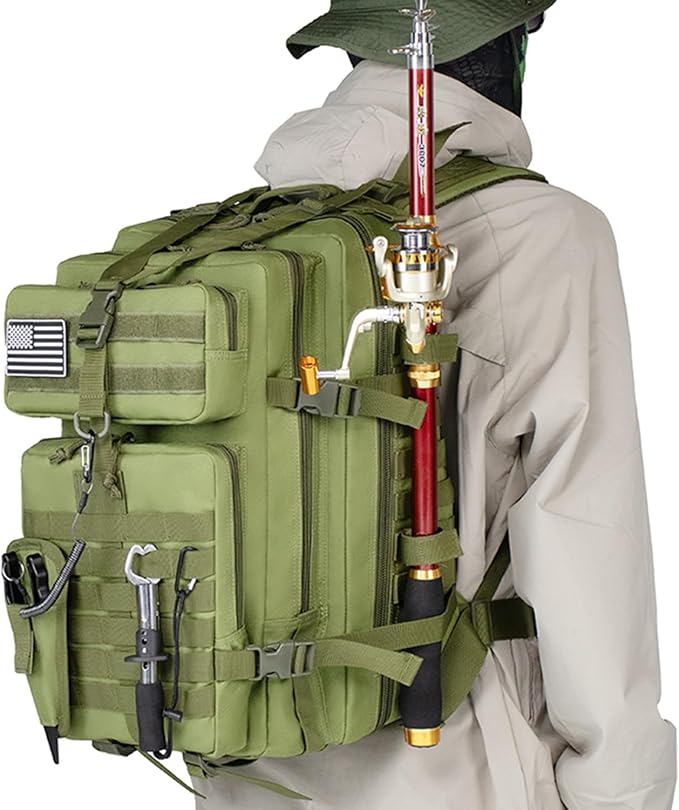 45l Large Fishing Tackle Backpack with Removable Plier Holder & Rod Holders, Green Tactical Bag, Fishing Gear and Tackle Box Organizer, Hiking Rucksack without Tackle Box