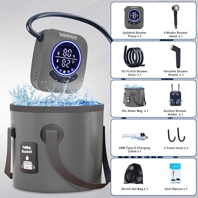 Portable Camping Shower Pump, 5 Speed Mode, 8000mAh Rechargeable Shower Pump, 4 Mode Shower Head and 20 L Foldable Bucket, Camp Shower for Hiking,Travel Beach, Pet Bath, Car Washing