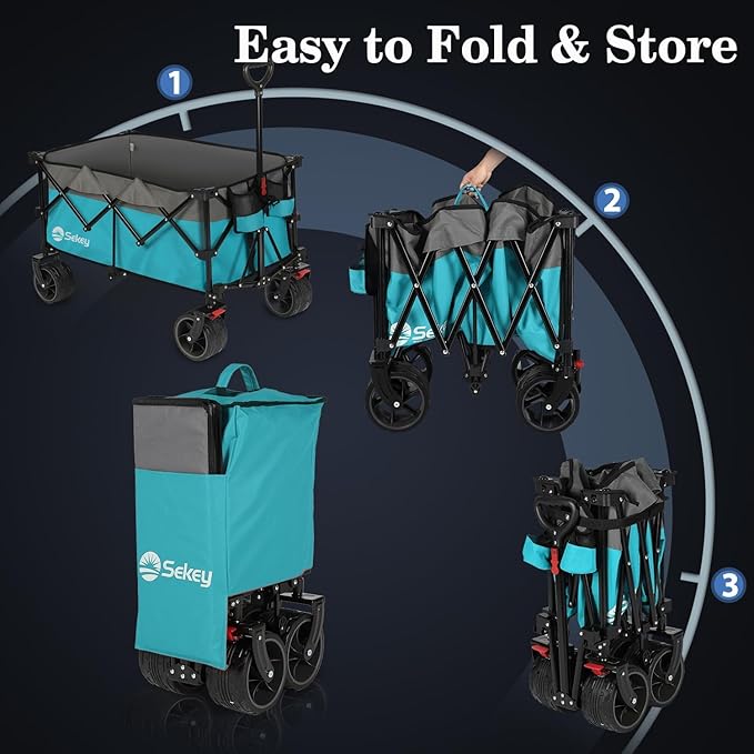 Collapsible Wagon Cart with Big All-Terrain Beach Wheels, Foldable Heavy Duty Wagons with Cup Holders, Utility Carts for Camping, Garden, Outdoor, Grocery, Sports. Turquoise