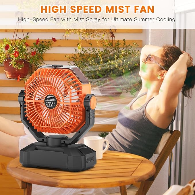 Camping Misting Fan Rechargeable - 20000mAh Portable Mist Fan For Tents With LED Lantern Light, Auto Oscillating With Remote For Outdoor, Battery Operated With Timer 5 Speeds(Orange)