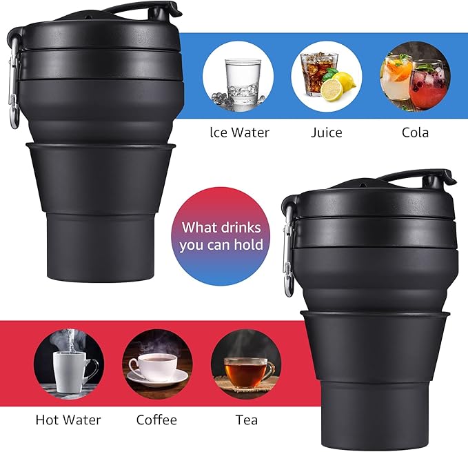 2PACK Collapsible Coffee Cup, 16 OZ 480ml Silicone Folding Camping Mug, Leak Proof BPA Free Portable Sport Bottle with Lids for hiking, Microwave & Dishwasher Safe (Black)