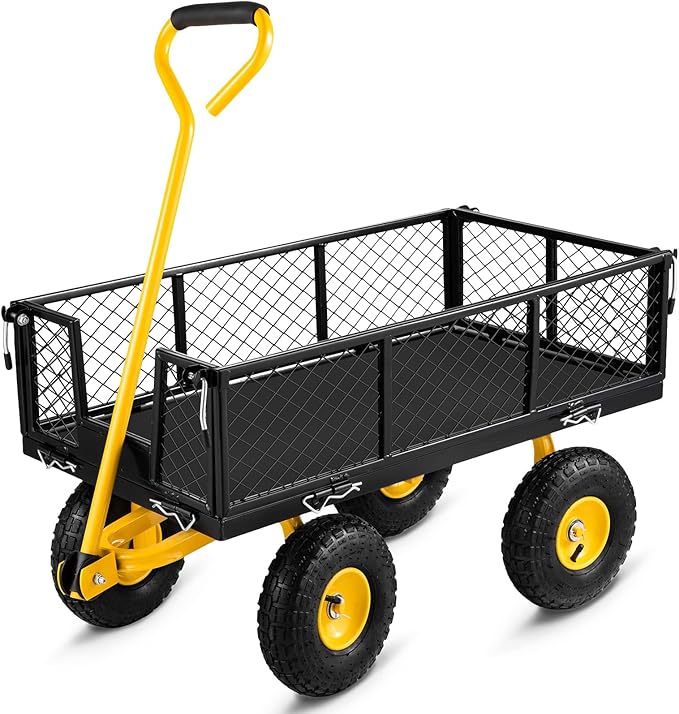 VEVOR Steel Garden Cart, Heavy Duty 500 lbs Capacity, with Removable Mesh Sides to Convert into Flatbed, Utility Metal Wagon with 180° Rotating Handle and 10 in Tires, Perfect for Garden, Farm, Yard