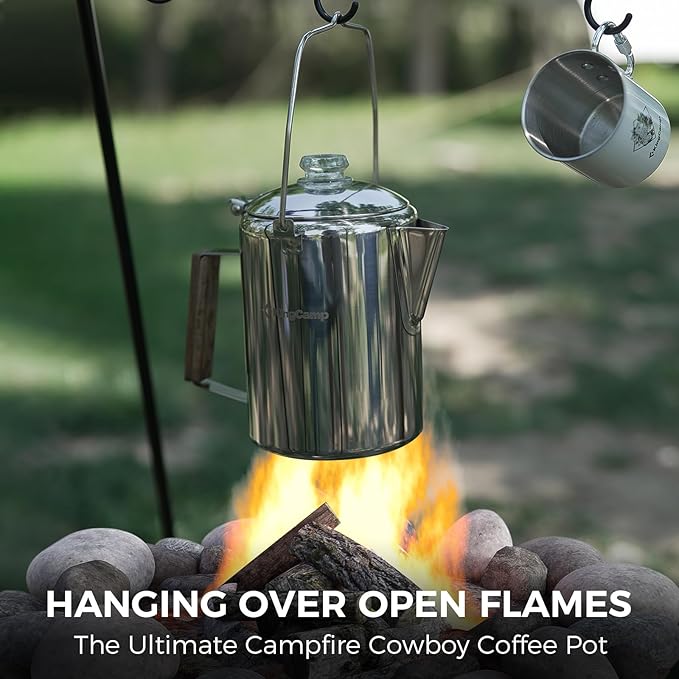 KingCamp Percolator Coffee Pot Campfire Coffee Boiler Kettle 304 Stainless Steel with Wood Handle for Outdoor Camping Cookware, Cabin, RV, Kitchen, Hunting & Backpacking, NO Aluminum or Plastic 9 Cup